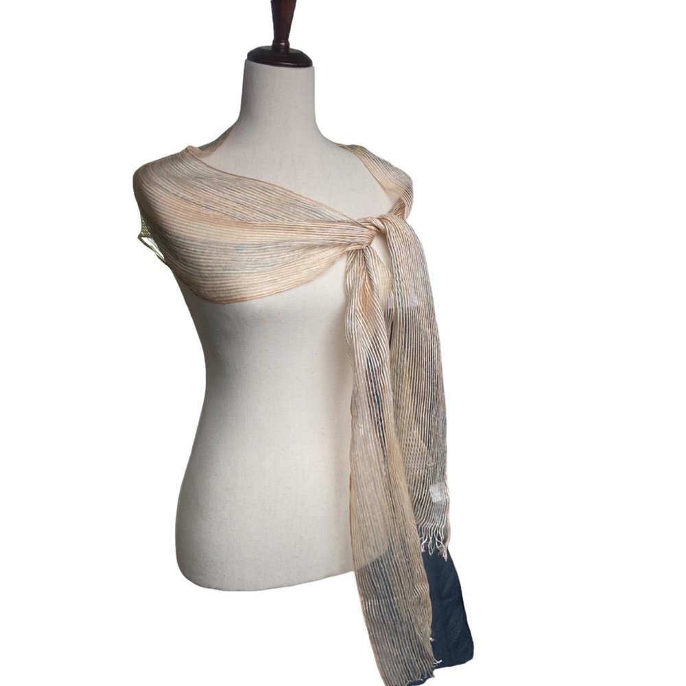 Vintage Echo Sheer Metallic Brown‎ Silver Ribbon Stripe Shawl Scarf 66”x8”